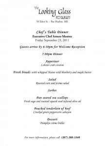 Chef's Table Menu for 9/23